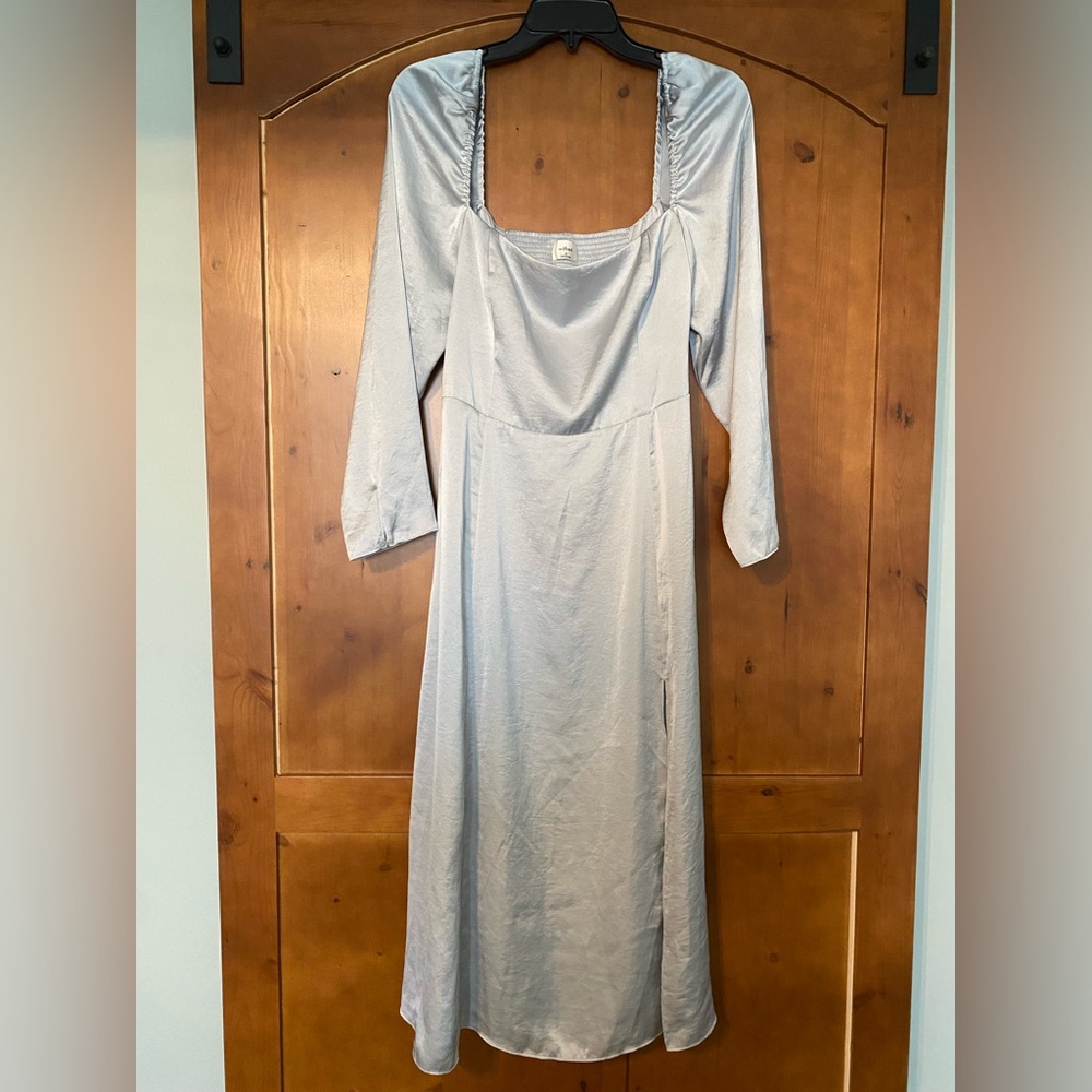 Aritzia Wilfred Silver Gray Bridgerton Satin Midi Dress Smocked Back Size 10